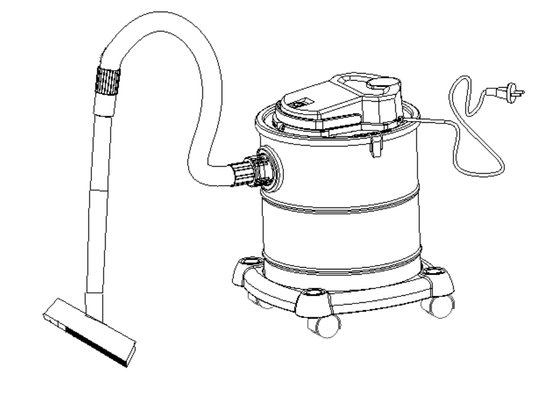 Grovstøvsuger for aske, kraftig motor, stort volum, på hjul, med deler