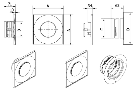Avtrekksventil, til og fra -luftventil, ø125 mm, med ramme, firkantet, sort
