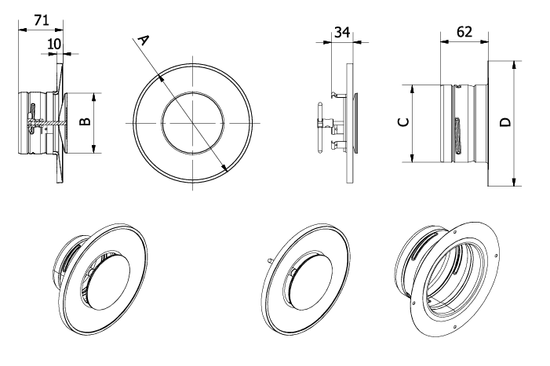 Avtrekksventil, til og fra -luftventil, ø125 mm, med ramme, rund, sort
