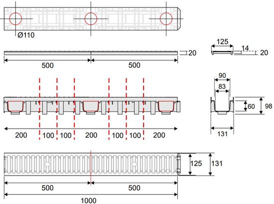 Drensrenne 1 meter, m/galvanisert rist, fra Aaltvedt