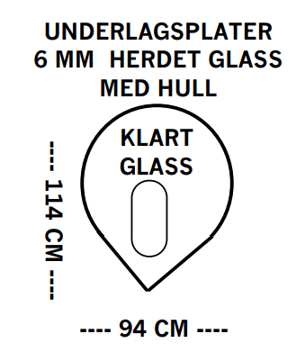 Glassplate, gulvplate, med ventilasjons hull, 114 x 94 cm, dråpe formet