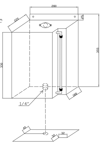 Tank, dagtank, 35,5 x 28 x 22 cm,  med nivåsøyle og kran, 20 liter