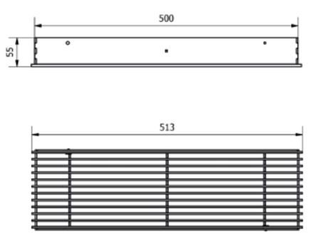 Ventilrist, Rail serien, 500 x 150 mm, 550 cm² åpning, med kassett, sort