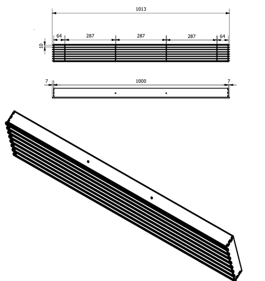 Ventilrist i Rail serien, 1000 x 100 mm, 670 cm² åpning, med kassett, hvit