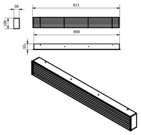 Ventilrist, Rail serien, 800 x 100 mm, 608 cm² åpning, med kassett, hvit